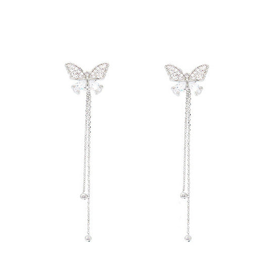 Wholesale S925 Silver Needle Long Tassel Diamond Butterfly Earrings